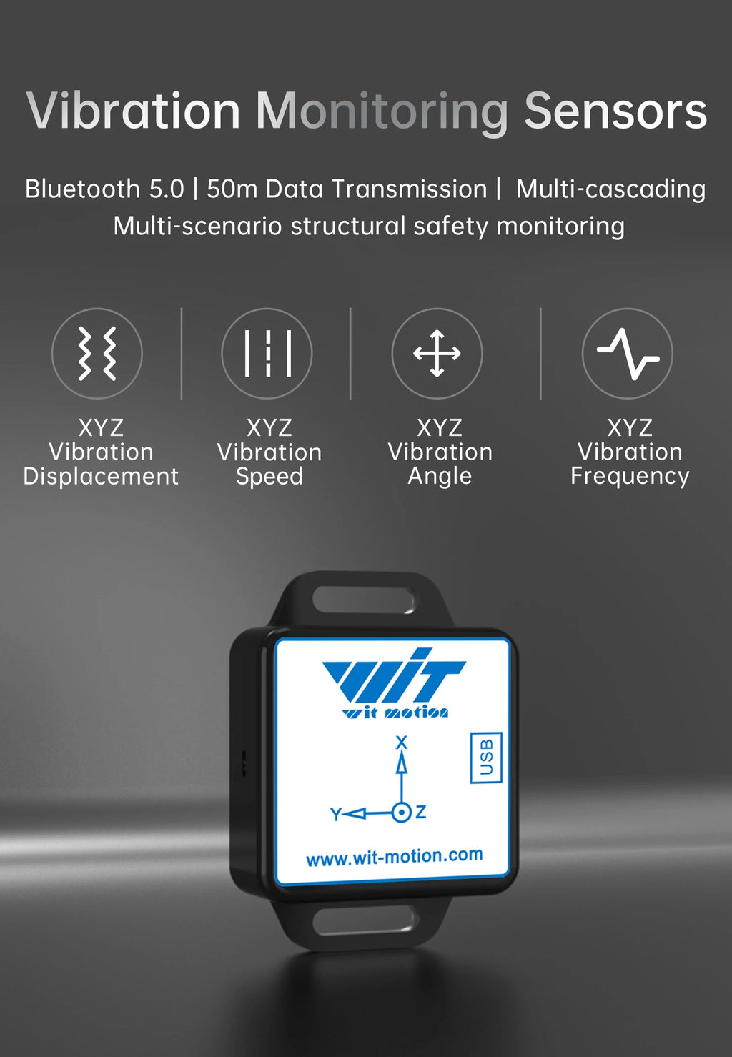 WitMotion WTVB01-BT50 Bluetooth 50m Multi-connected Vibration Sensor, 3-axis Vibration Displacement + Speed + Amplitude+Angle