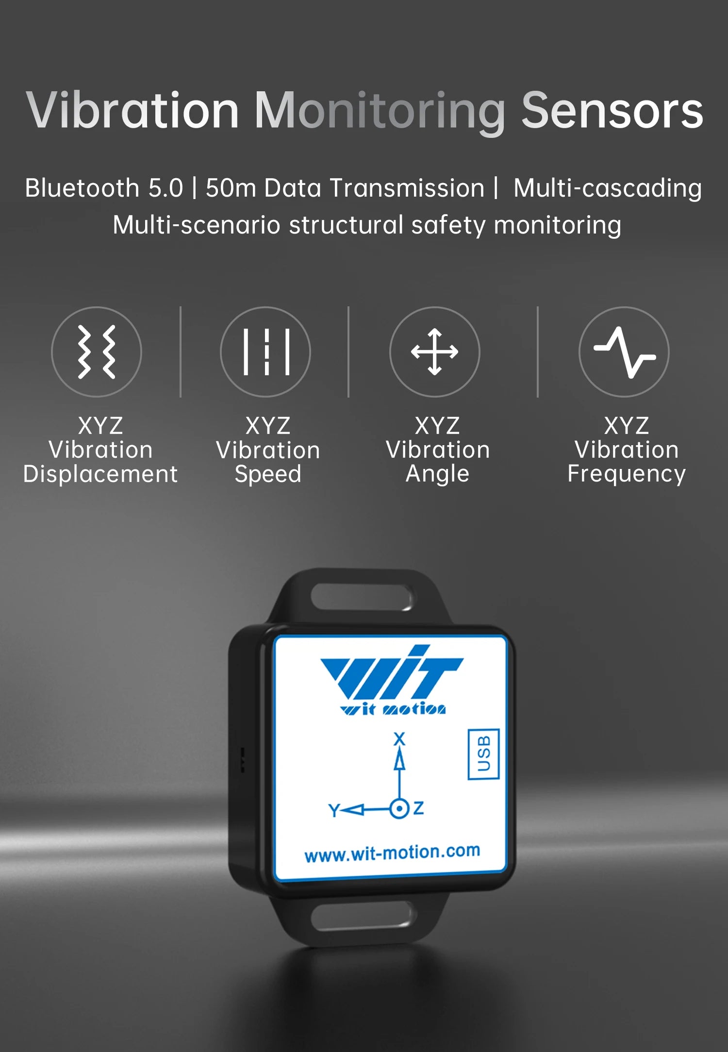 WitMotion WTVB01-BT50 Bluetooth 50m Multi-connected Vibration Sensor, 3-axis Vibration Displacement + Speed + Amplitude+Angle