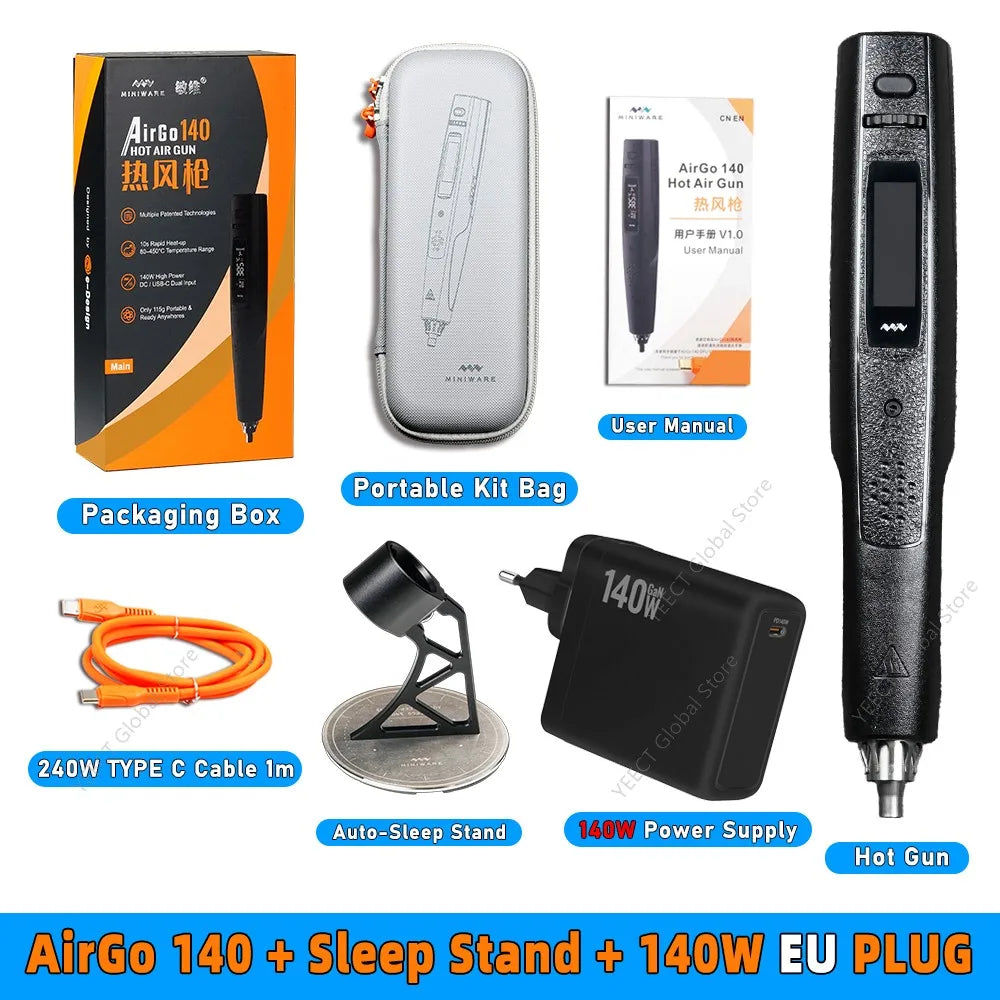 MINIWARE AirGo 140 Mini Heat Gun 140W PD3.1 USB C Fast Heating Tool For Heat Shrink Tubing BGA PCB Field Repair Case