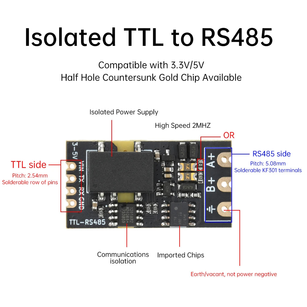 DC 3.3V/5V Isolated TTL-to-RS485 Level Converter Module; High-Speed 2Mbps Serial Port Auto-Negotiation Module