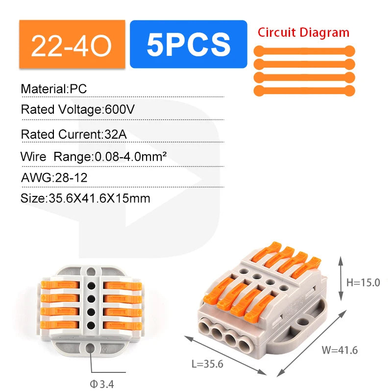 Quick Butt Lever Crimp Terminals Wire Connectors 2-12 Way With Fixing Holes Push-In Universal Compact Electrical Terminal Block