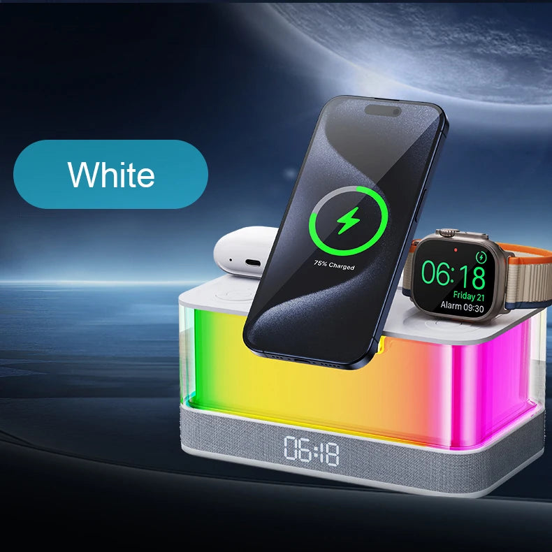Domars Wireless Charger with Colorful Night Light and Built-In Audio Speaker Supports Fast Charging for Smartphones Earphones