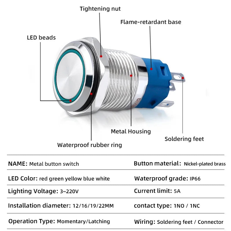 Metal Switch Button Push With Wire Waterproof on off 12mm 16mm 19mm 22mm Momentary/Latching Led Light Start Stop 5V 12V 24V 220V