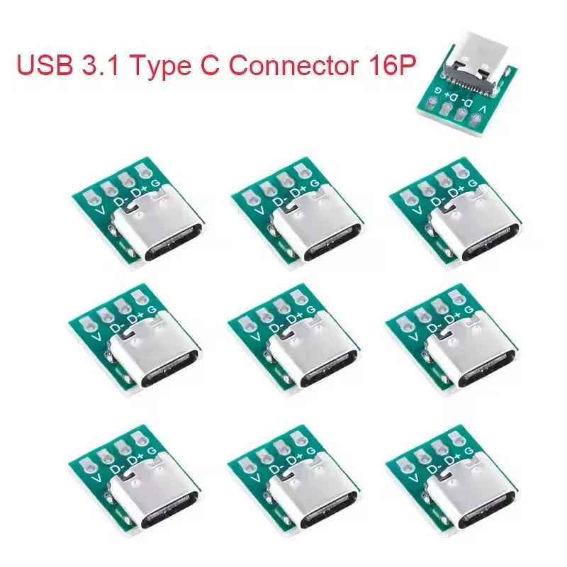 USB 3.1 Type-C 16-Pin Test Breakout Board Full Pinout Adapter Socket for Diagnosis & Data Cable Prototyping