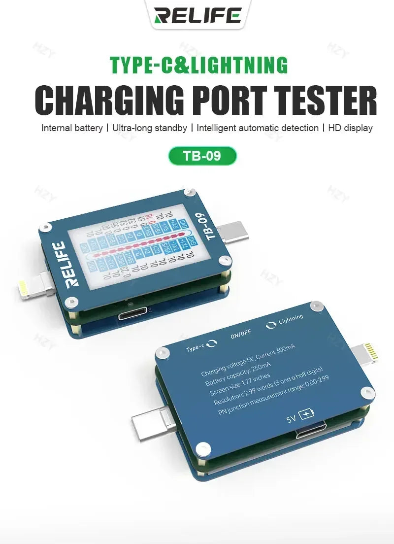 RELIFE TB-09 Tail Plug Detector Lightning Type-C Interface Charging Port Tester High-definition Display Mobile Phone Diagnosis