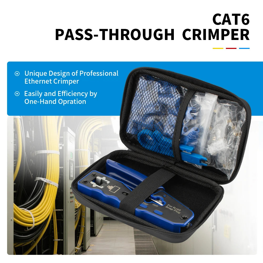 Cat6 Pass Through Network Tool Kit RJ45 Crimping Plier, Stripper, Single Row Cat6 Connectors 8P Boots EVA Case