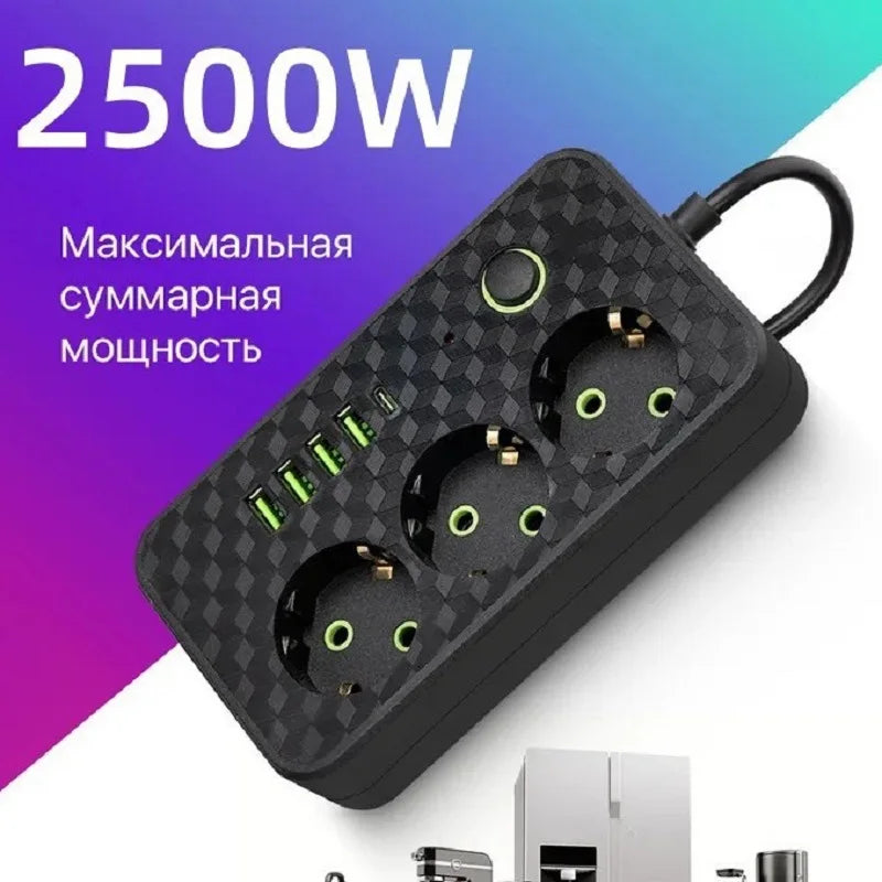 EU Plug Power Strip 3m AC Outlets Multitap Socket Extension Cord Electrical With USB Type C Fast Charging Network Filter Adapter