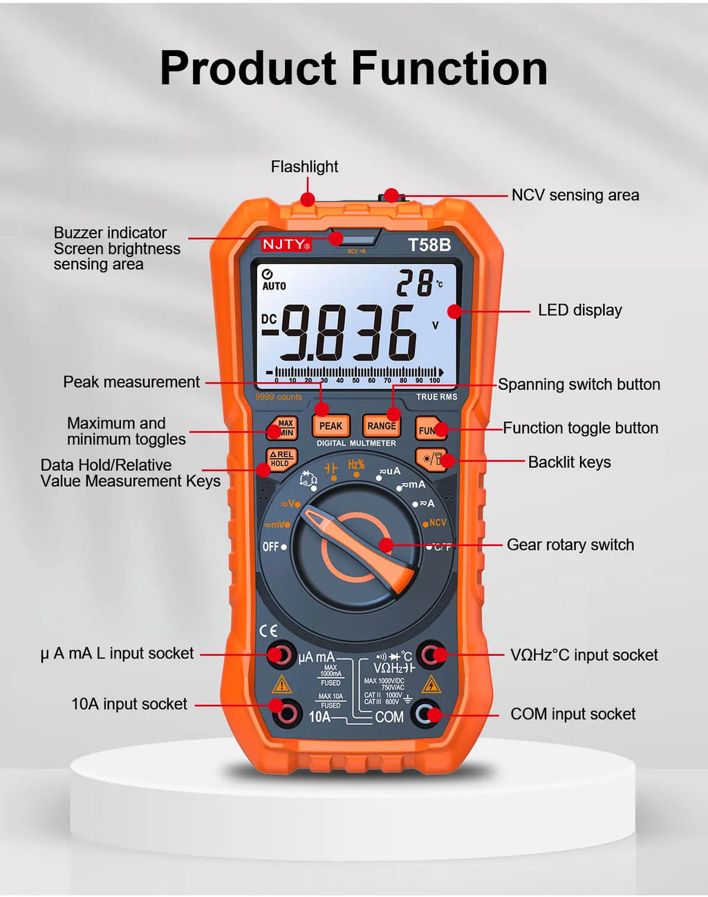 NJTY T58B T58C Inductance Digital Multimeter AUTO Range 9999 Counts  Voltage Current Capacitance LED Smart Backlit Large Screen