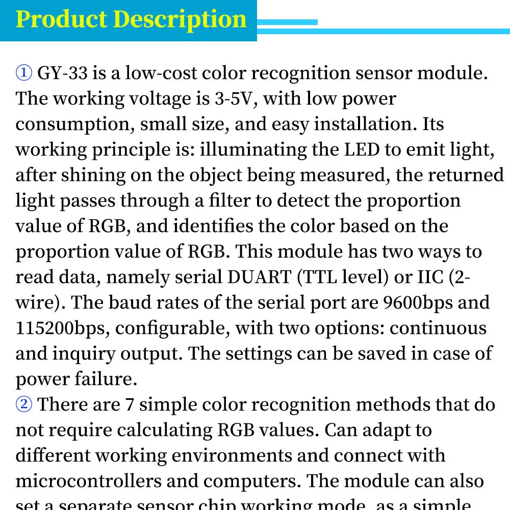 Javino GY‑33 Sensor Module TCS34725 Color Recognition Sensor Replace TCS230 TCS3200 Color Detection Module