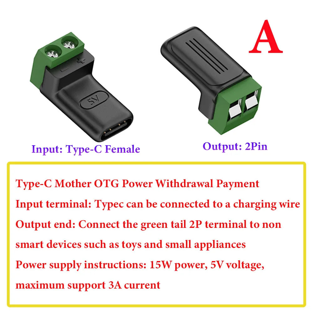 1Pcs 2Pin Type-C Adapter Quick Connection Head Type C Male Female Micro USB 5V To 2 Pin No Solder Green Terminal Adapter
