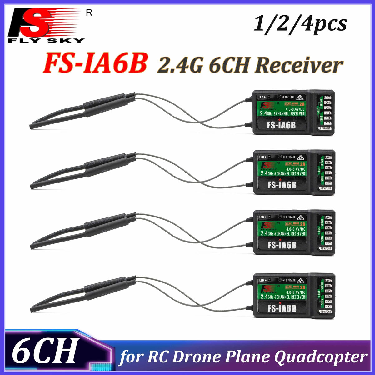 1/2/4pcs Flysky FS-IA6B IA6B 2.4G 6CH Receiver Dual Return PPM Output IBUS Function Suitable RC Fixed Wing Helicopter Glider
