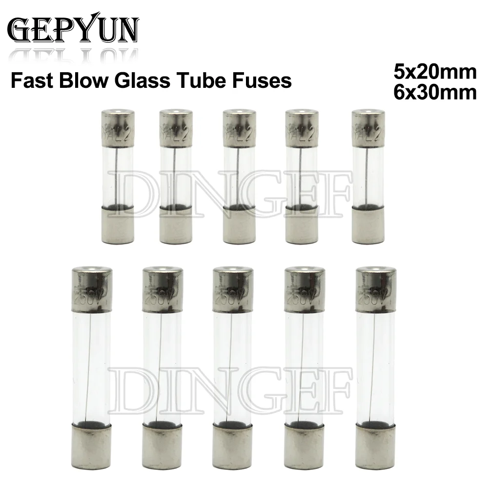 10PC 5*20mm 6*30mm Fast Blow Glass Tube Fuses 5x20mm 6x30mm 250V 0.5A 1A 2A 3A 4A 5A 6A 8A 10A 15A 20A 25A 30A 0.75A AMP Fuse