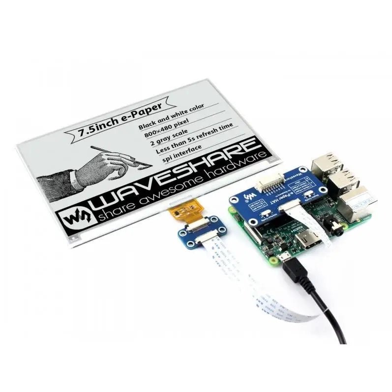 Waveshare 800*480,7.5inch E-Ink Display HAT for Raspberry Pi 2B/3B/Zero/Zero W,Two-color:Black White,SPI interface,No Backlight