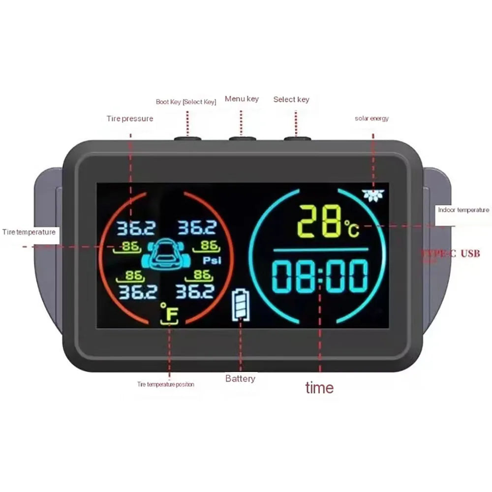 Smart Solar Power TPMS Car Tire Pressure Monitoring System Alarm Tyre Air Pressure Meter Gauge Temperature Warning 4 Sensors