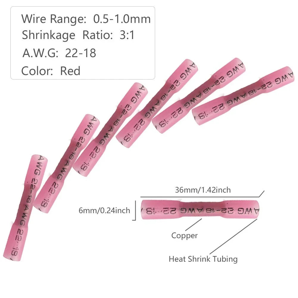 500PCS 22-16 AWG Heat Shrink Crimp Terminals Waterproof Fully Insulated Seal Butt Electrical Wire Connectors Kit Assortment Red