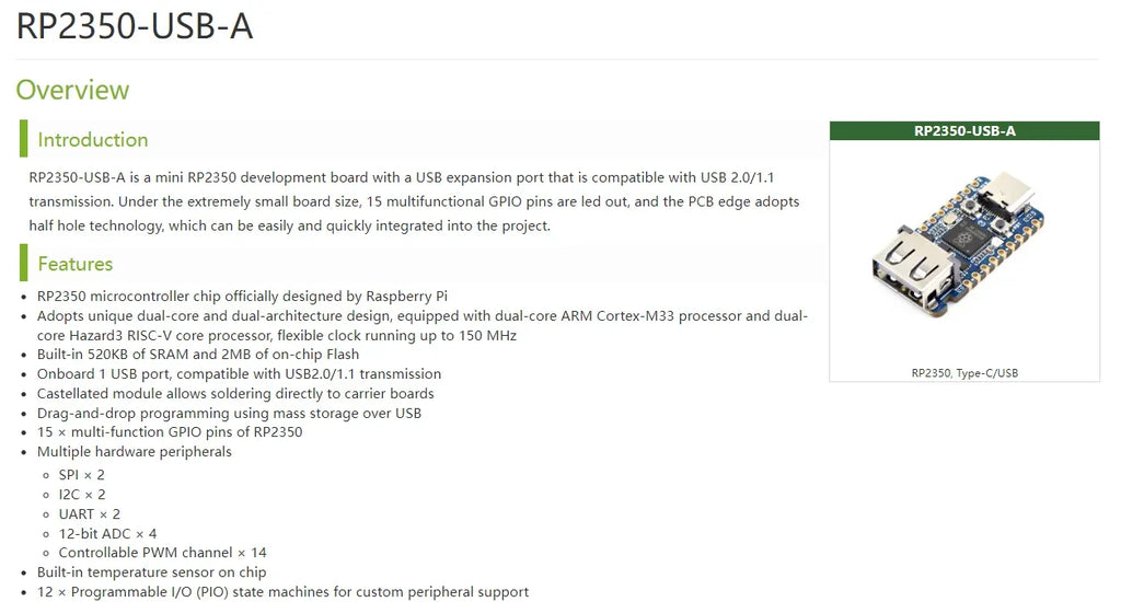 Waveshare RP2350 USB A Development Board Raspberry Pi Pico 2 USB Type-A/C 2.0/1.1 Transmission RP2350 Zero