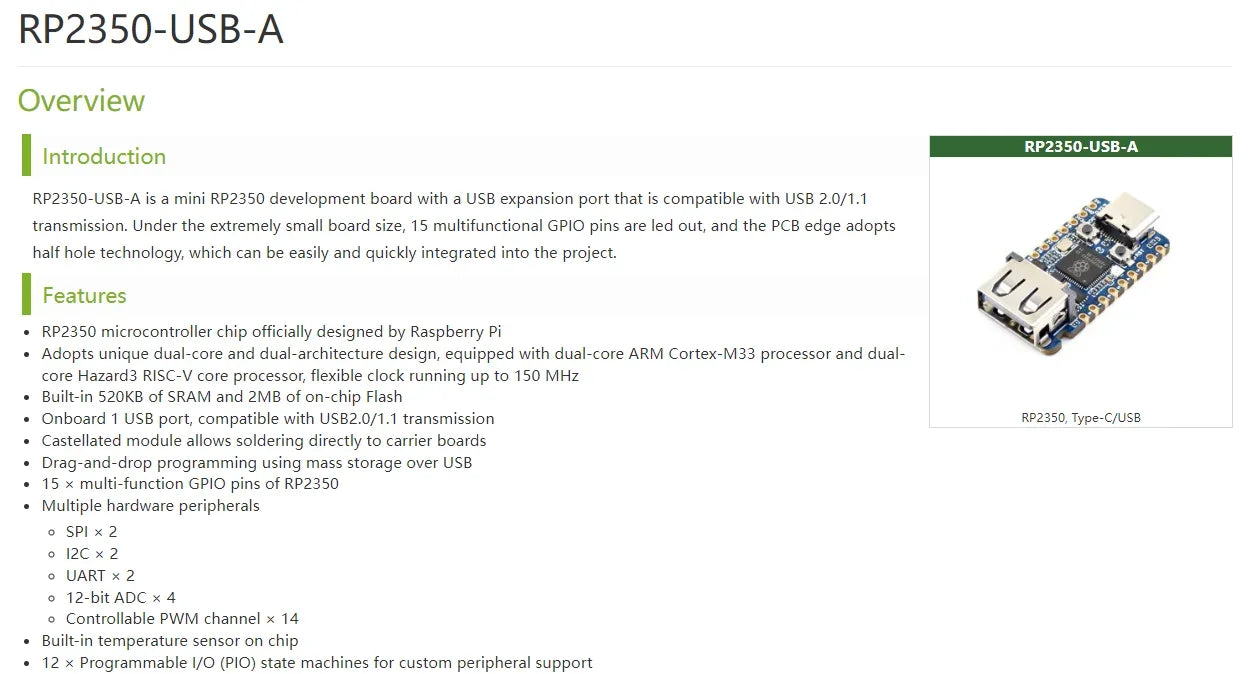 Waveshare RP2350 USB A Development Board Raspberry Pi Pico 2 USB Type-A/C 2.0/1.1 Transmission RP2350 Zero