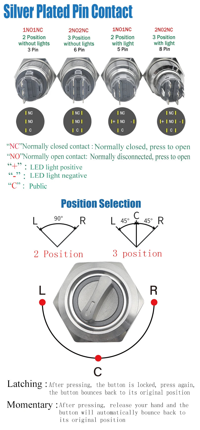 16MM 19MM 22MM Self-return Self-locking Waterproof DPDT Illuminated Metal Selector Knob Rotary Switch 2 3 Position LED Lamp Red