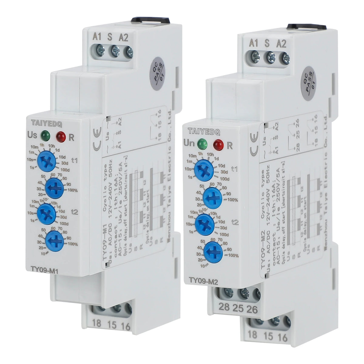 TY09-M1 M2 Cyclic Delay Timer Relay Switch SPDT 220V 16A AC/DC12V-240V 50/60Hz 0.1s-100 Days 2SPDT Din Rail