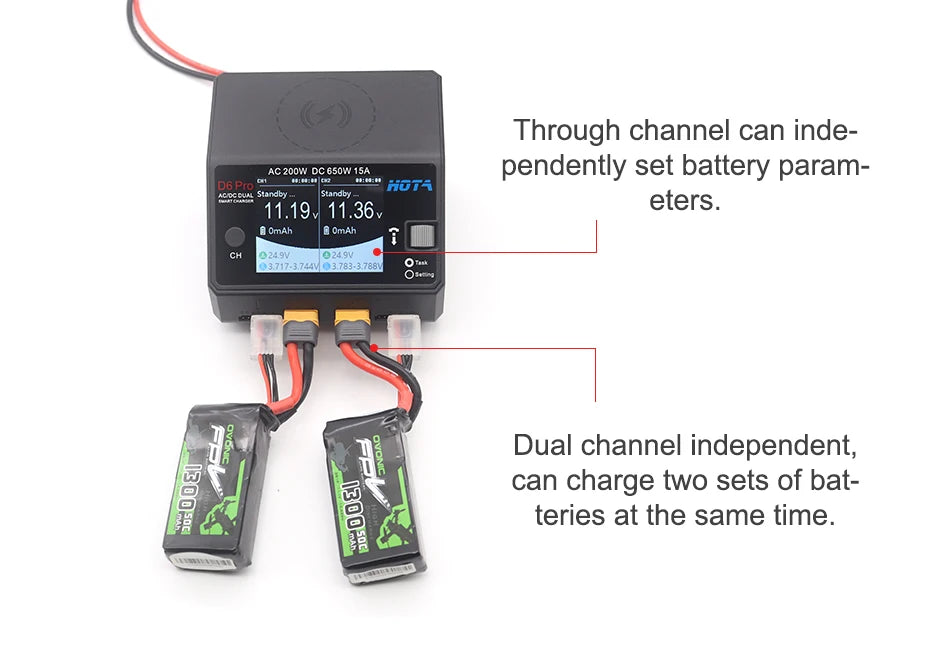 HOTA D6 Pro AC/DC Dual Channel Smart Balance Charger AC200W DC650W 15A for LiPo LiHV NiMH NiCd RC Drone