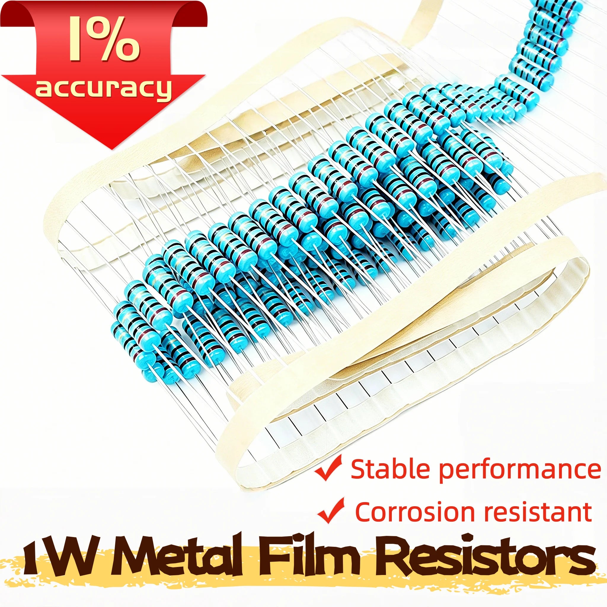 20pcs, 0R-22M 1% Metal Film Resistor 1W 0 2.2 10 100 150 220 270 330 470 1K 2.2K 4.7K 10K 47K 100K 470K 1M 10M 20M Ohms