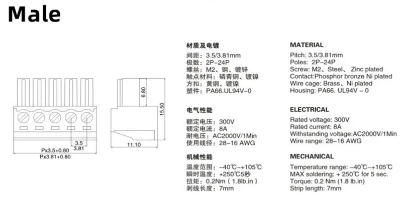 5Sets Solderless Docking Type 2EDG 3.81MM Screw Terminal Block Connector PCB Plug-in Type 2EDG Type Green Terminal Block
