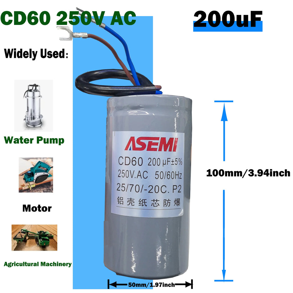 CD60 P2 250V AC 50/60Hz Starting Capacitor Startup Aluminum Shell Paper Core 75uF 100uF 150uF 200uF 250uF 300uF