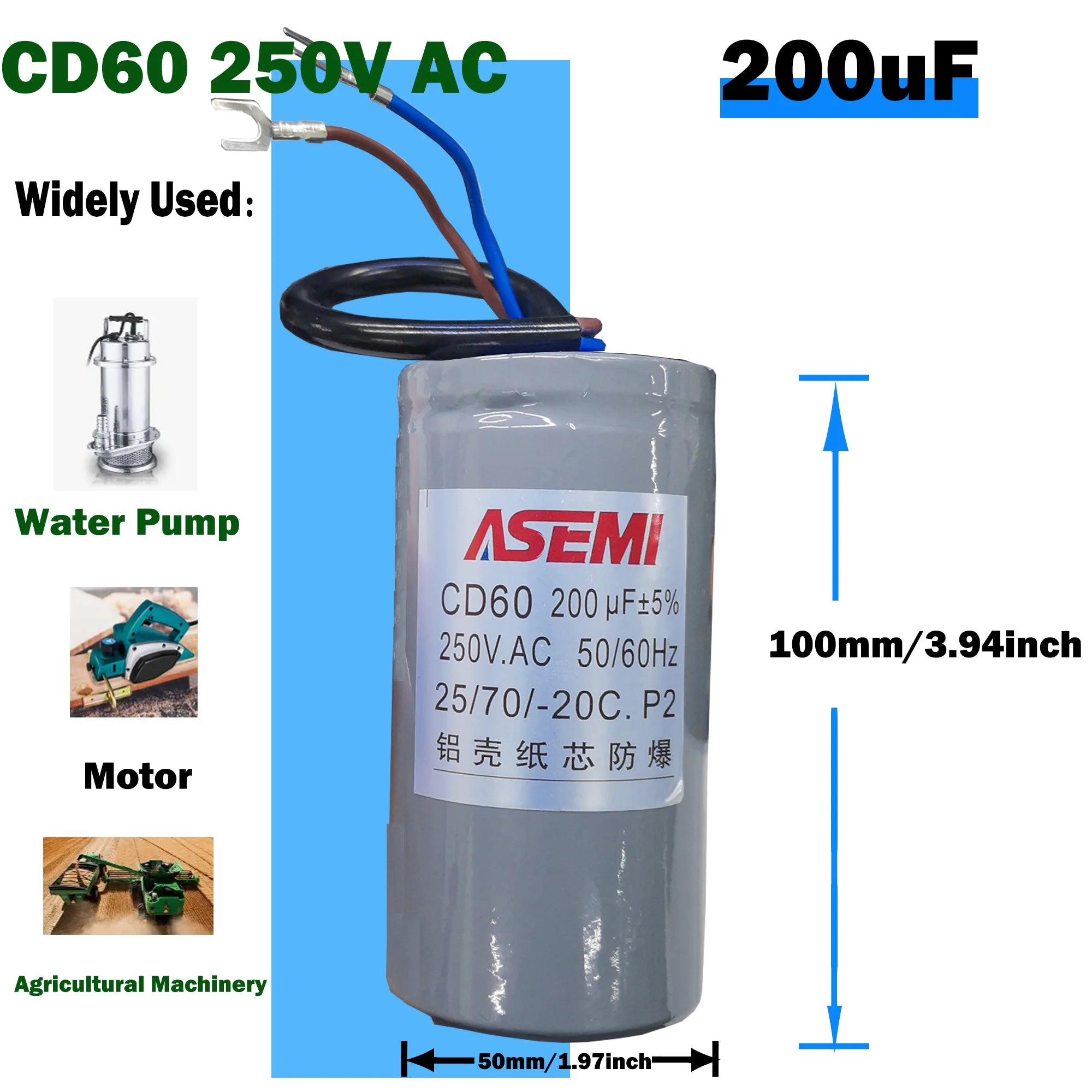 CD60 P2 250V AC 50/60Hz Starting Capacitor Startup Aluminum Shell Paper Core 75uF 100uF 150uF 200uF 250uF 300uF