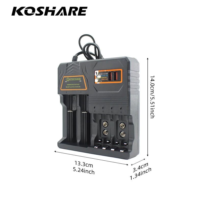 KOSHARE Smart Battery Charger for Rechargeable Ni-MH Ni-CD AA AAA 9V Batteries 18650/16340/26650 14500/21700 Lithium-ion Battery