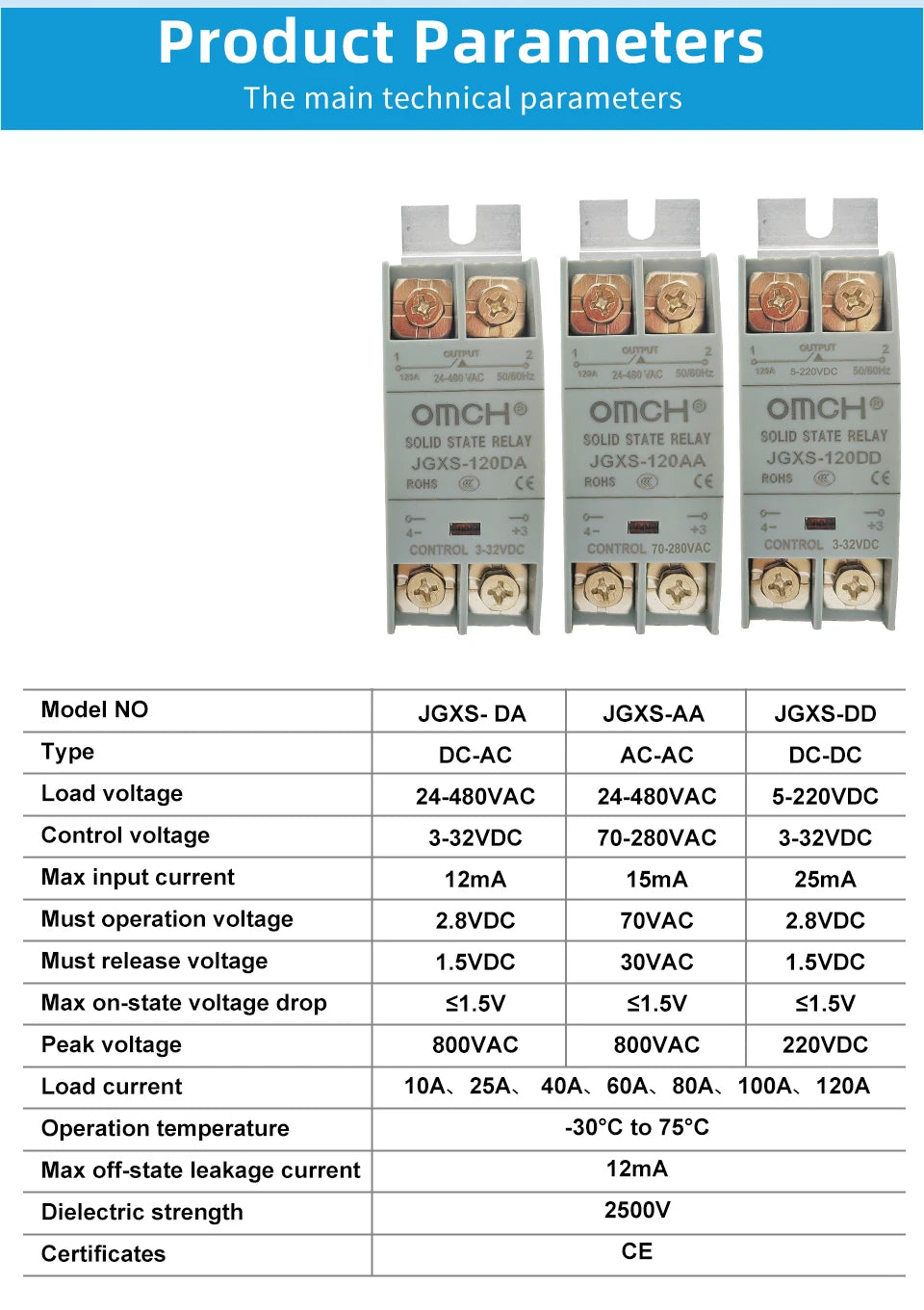 OMCH DIN Rail Solid State Relay SSR With Heatsink 10A 25A 40A 60A 80A 100A 120A DC-AC DC-DC AC-AC Single Phase Control