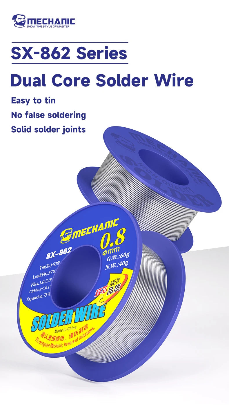 MECHANIC 0.3-1.0mm Dual Core Rosin Flux Solder Wire 40g Fast Melting Low Residue for PCB Motherboard Repair 5PCS Pack SX-862