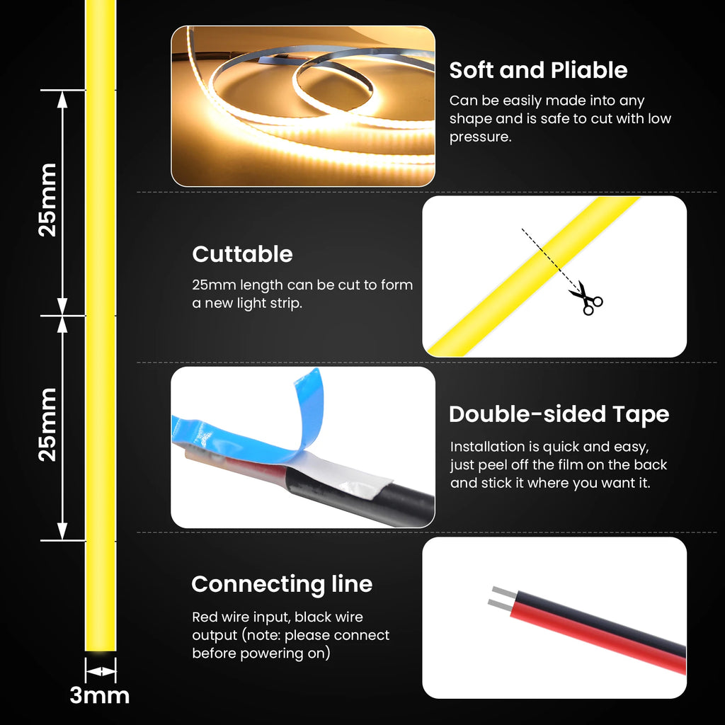 USB 3mm COB LED Strip Light 5V Flexible LED Tape with Dimmer/ON OFF Switch 320LEDs High Density Linear Lighting Backlight Decor