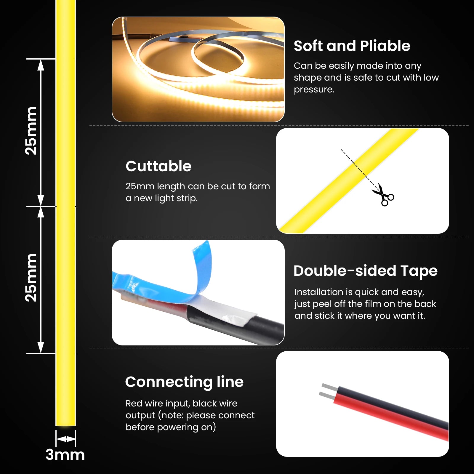 USB 3mm COB LED Strip Light 5V Flexible LED Tape with Dimmer/ON OFF Switch 320LEDs High Density Linear Lighting Backlight Decor