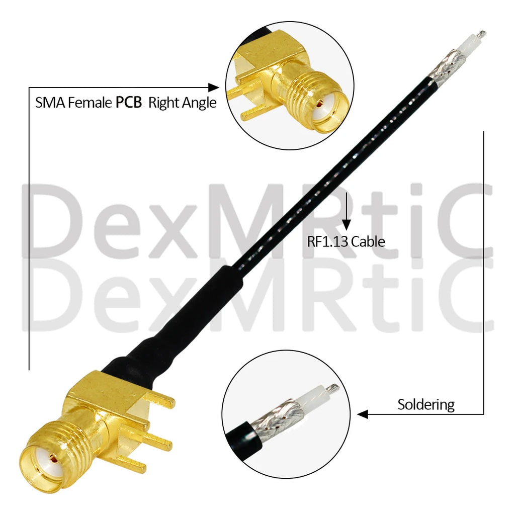 1PC SMA Female Jack Right Angle PCB Connector 1.13mm Cable Other End UFL/ No Connector/Exposed/Fork Soldering 15cm Customized