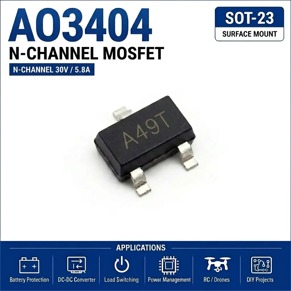 (100 pcs) AO3404 SOT-23/SOT-23-3 (Marking A49T) - N-Channel MOSFET 30V 5A 28mΩ