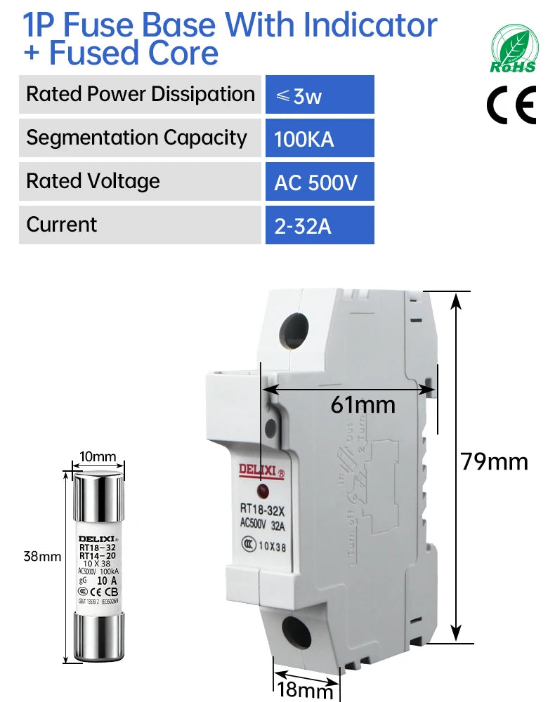 DELIXI RT18-32 1P Series Fuse Fusible Core Kit 500VAC 2-32A Ceramic Fuse NH00/gG Type For Circuit Breaker and Load Protection