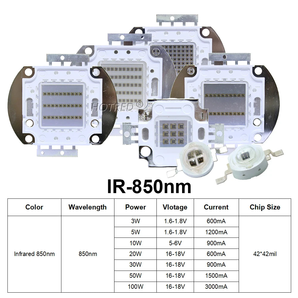 Infrared High Power LED Chips IR 850nm 940nm 730nm 3W 5W10W20W50W 100W Emitter COB integrated Light Lamp Matrix for Night Vision