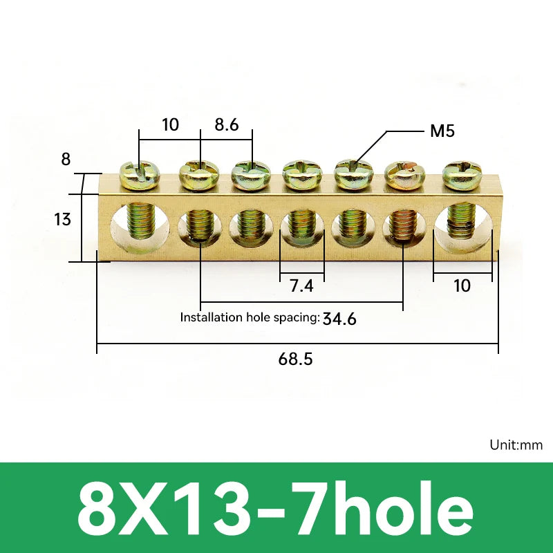 1 PCS Multi Specification Brass Ground Strip 5/6/7/8/9/10/12/15/20 Hole Brass Rod Grounding Terminal Ground Bar Terminal Strip