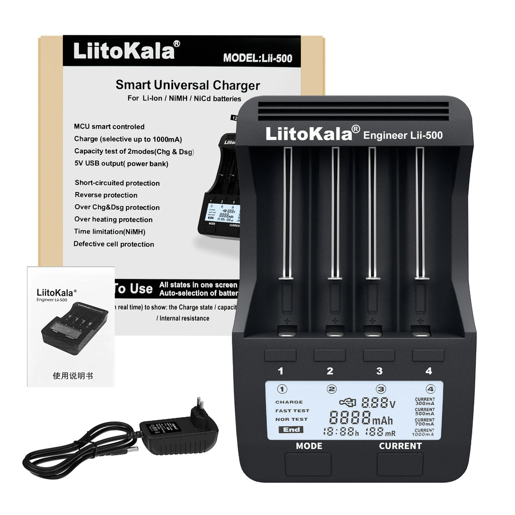 LiitoKala Lii-500 Battery Charger 4 Slot LCD Tester for 18650 26650 AA AAA Flashlight Vape Li-ion NiMH Rechargeable Cells