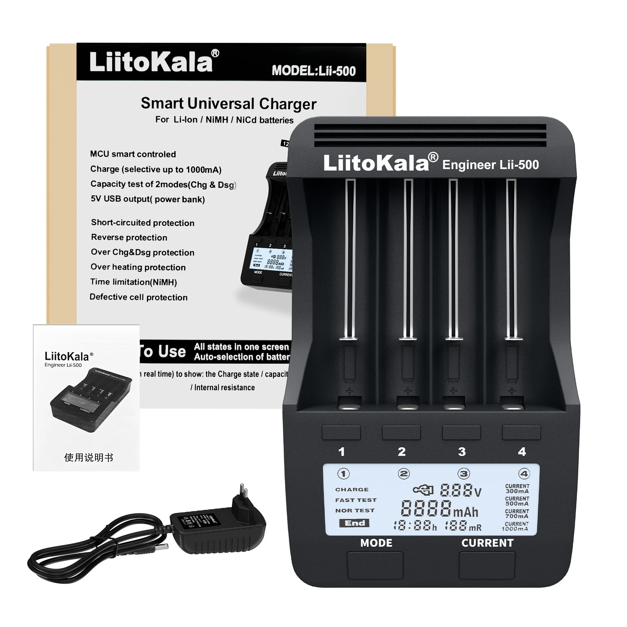 LiitoKala Lii-500 Battery Charger 4 Slot LCD Tester for 18650 26650 AA AAA Flashlight Vape Li-ion NiMH Rechargeable Cells