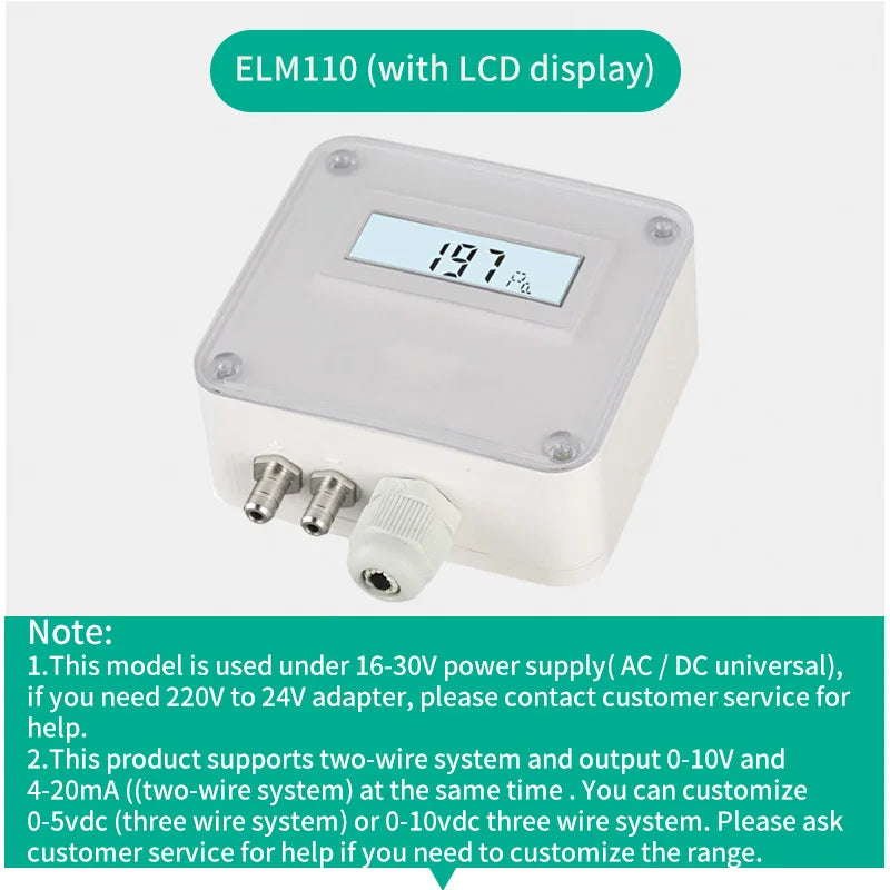 ELM110/112/116 Micro Differential Pressure Transmitter Air Pressure Transmitter Pressure Sensor 100-1000Pa