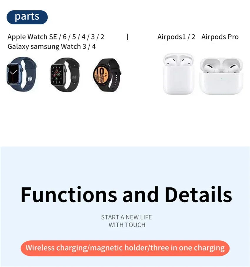 3 in 1 Wireless Charger Stand Fast Charging Dock Station for iPhone 15 14 13 12 11 X 8 Apple Watch 8 7 6 iWatch Airpods Pro