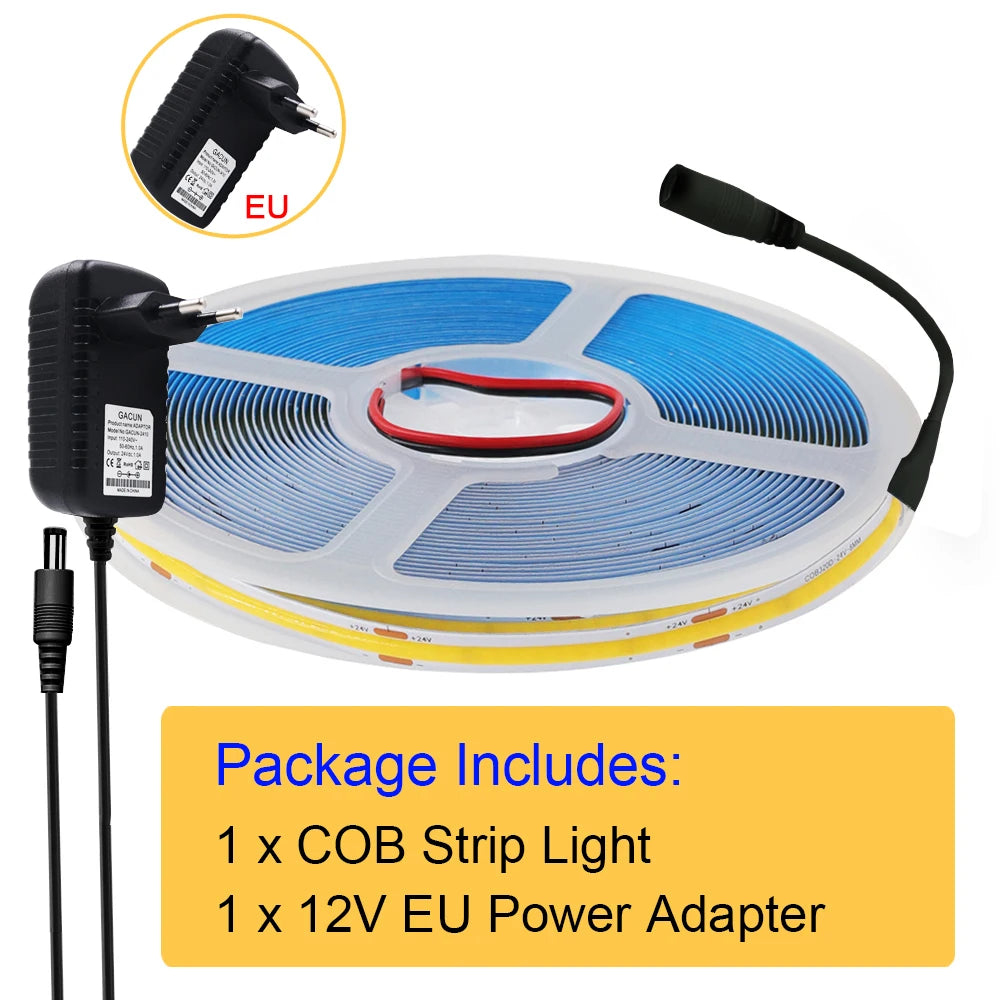 New 12V COB Led Strip With Switch Power Kit US EU UK AU Plug Flexible Light Tape Ra90 320 Leds High Density Linear Lighting
