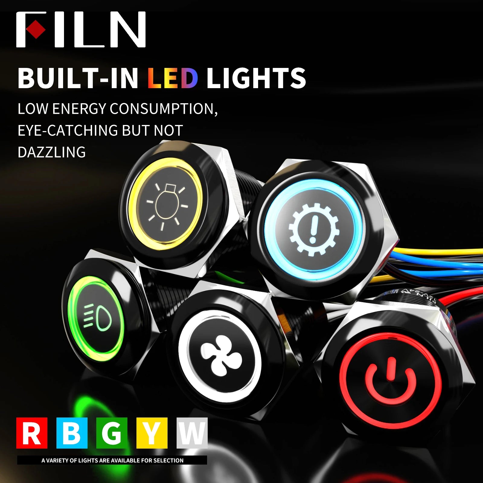 2pcs 19mm Blue LED Latching Push Button Switch, 12V-24V Wide Voltage 20A IP67 Waterproof Marine Switch with 180 Symbols for Car