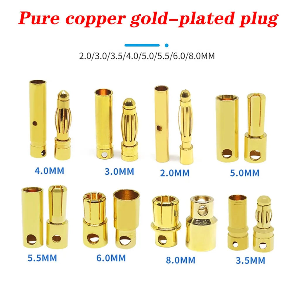 1-10pcs 2.0mm 3.0mm 3.5mm 4.0mm 5.0mm 5.5mm 6mm 6.5mm 8mm Gold-plated Bullet Plug High Current Banana Connector for RC Lipo