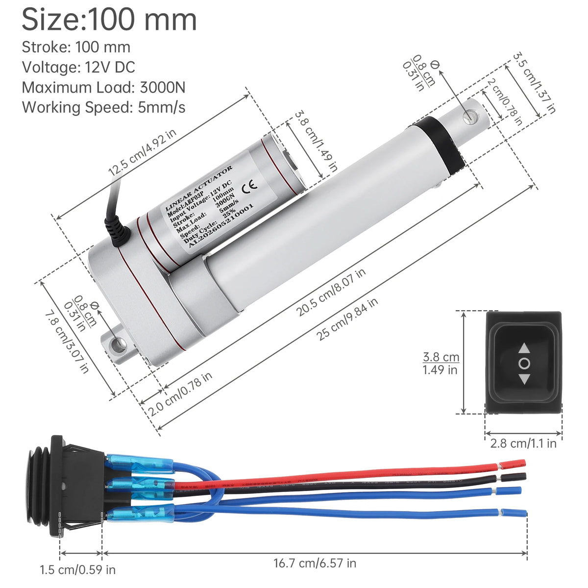 12V Electric Linear Actuator 50/100/150/200/250/300/350/400mm Stroke 3000N Electric Reciprocating Lifting Linear Motion Actuator