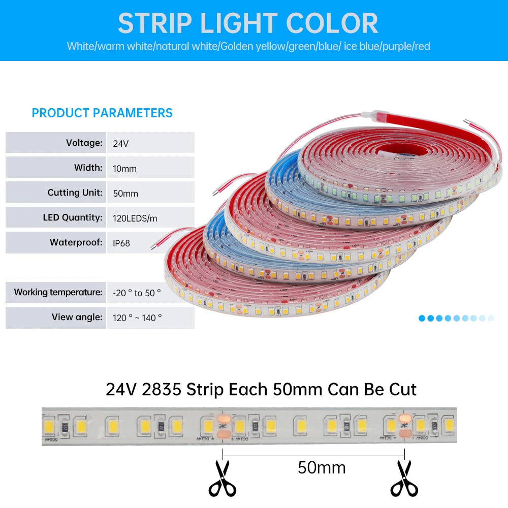 24V IP68 Waterproof LED Strip 120Leds White/Pink/Yellow/Red/Ice Blue/Green Swimming Pool Home Decor Flexible Ribbon Rope Light