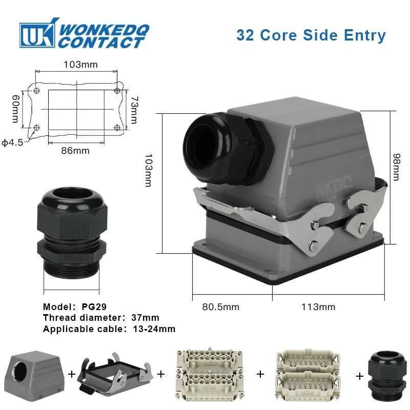 HDC HE Heavy Duty Connector 6/10/16/24/32/48 Core Pin Top/Side Outlet Aviation Plug Rectangular Waterproof Electrical Wiring
