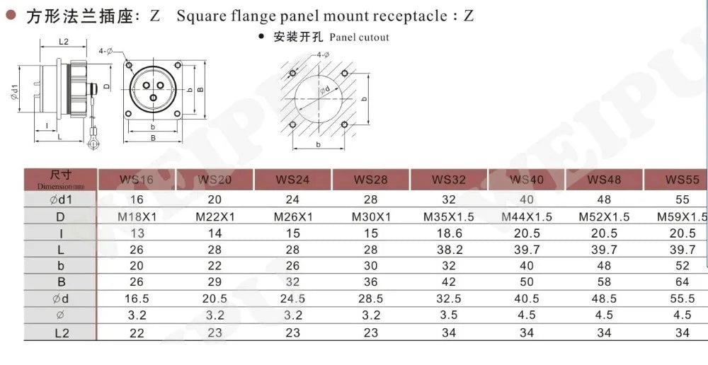 WEIPU WS20 Waterproof Male Plug 20mm Square Panel Mount Connector 2 3 4 5 7 9 12 Pin Aviation Outdoor Industrial Female Socket
