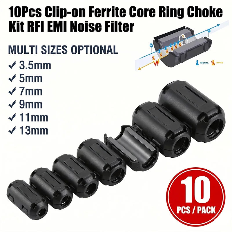 10Pcs Clip-on Ferrite Core Ring Bead Choke RFI EMI Noise Filter Snap around Cable for 3.5/5/7/9/11/13mm USB Audio Video Wire